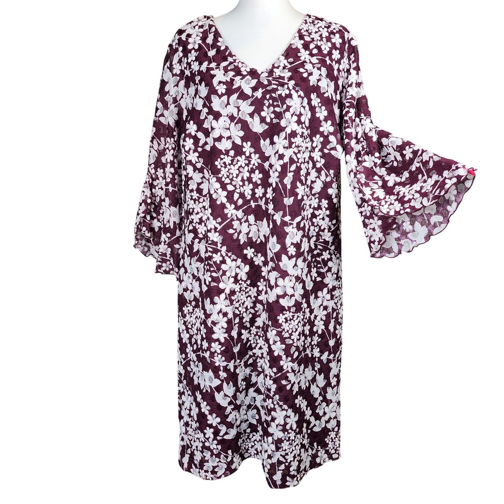 Karl Lagerfeld Womens Shift Dress 16W Burgundy Floral Lace Bell Sleeve